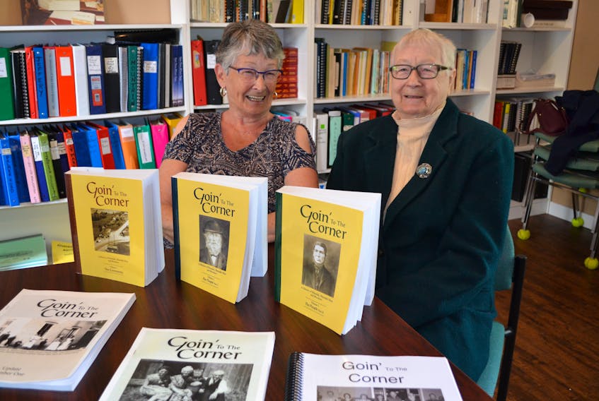 Margaret Adams, right, chairman of the research committee for Volume I of Goin’ to the Corner, the History of Elmsdale, Elmsdale West and Brockton, and Norma McLellan, chairman of the committee for the Volume II project, reflect on their 15 years of involvement in the projects. The Elmsdale and Area Historical Society recently dissolved. Volume I of their publication has sold out and only 130 copies of Volume II are still available.
