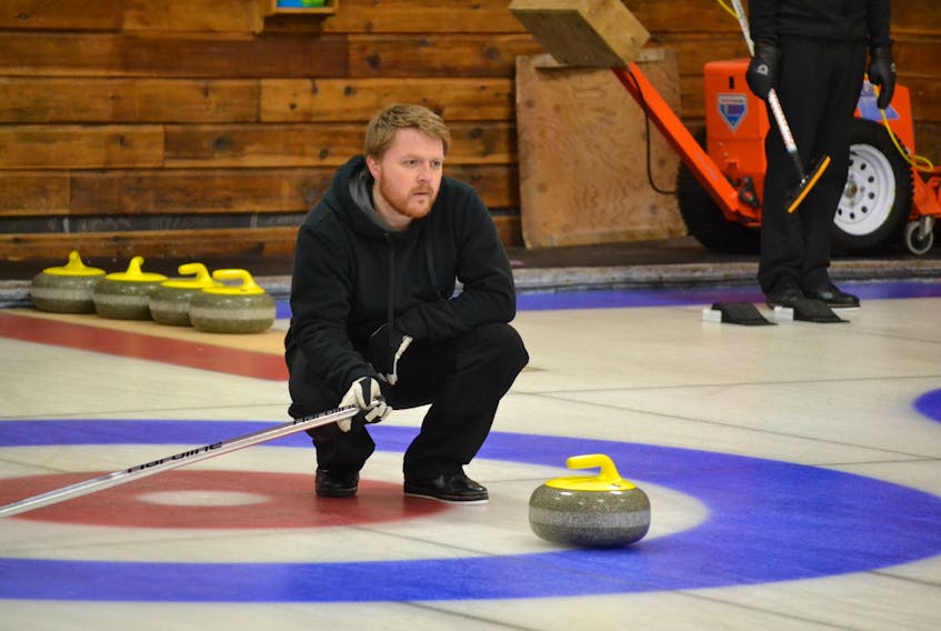 Tyler MacKenzie, skip of the Charlottetown Curling Complex team of lead Jodi Murphy, Doug MacGregor and Aleya Quilty, calling a shot during the P.E.I. Provincial Mixed Curling championship at the Western Community Curling Club in Alberton. MacKenzie faces Cornwall’s Mitchell Schut rink in Monday’s 10 a.m. play-off semi-final. The winner faces the Jamie Newson rink from Silver Fox and Charlottetown in the 2 p.m. championship final.