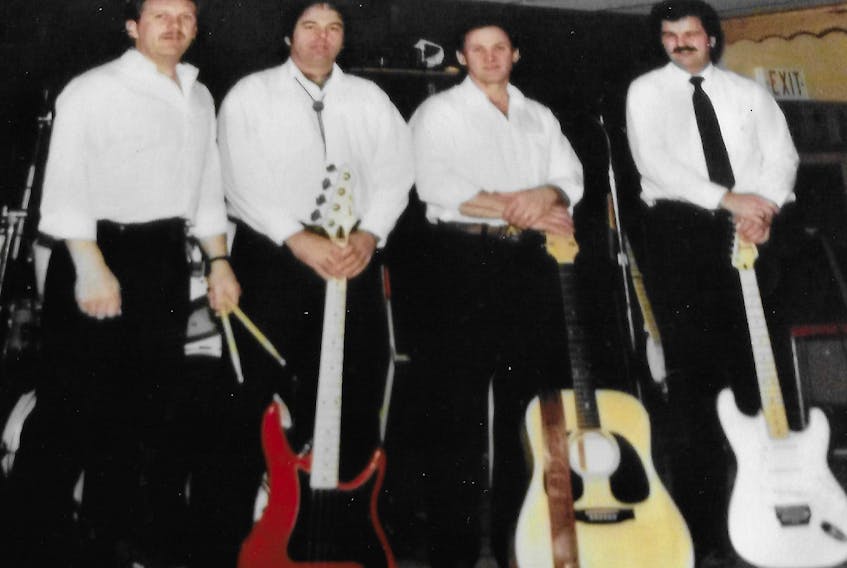 From left, Robbie Thibodeau, Aubrey Arsenault, Alphy Perry and Victor Doucette from the West Prince band Shiloh 33 years ago. This Sunday they make their 34th appearance as the house band for the annual Palmer Road Parish Picnic. The group now also includes fiddler Steven Perry.