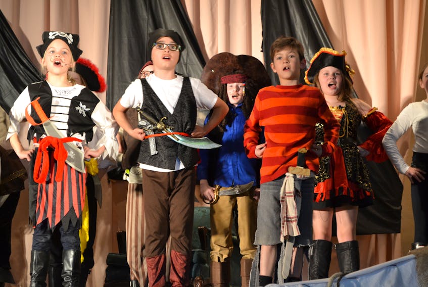 Leah Rennie, front row from left, Cameron Bernard, Billy Lewis; back row, Dylan Mathews and Brooke LeClair perform in Pirates and Other Treasures, Alberton Elementary School’s spring production. It will be presented one last time Friday, April 7, 6 p.m., in the school gymnasium.