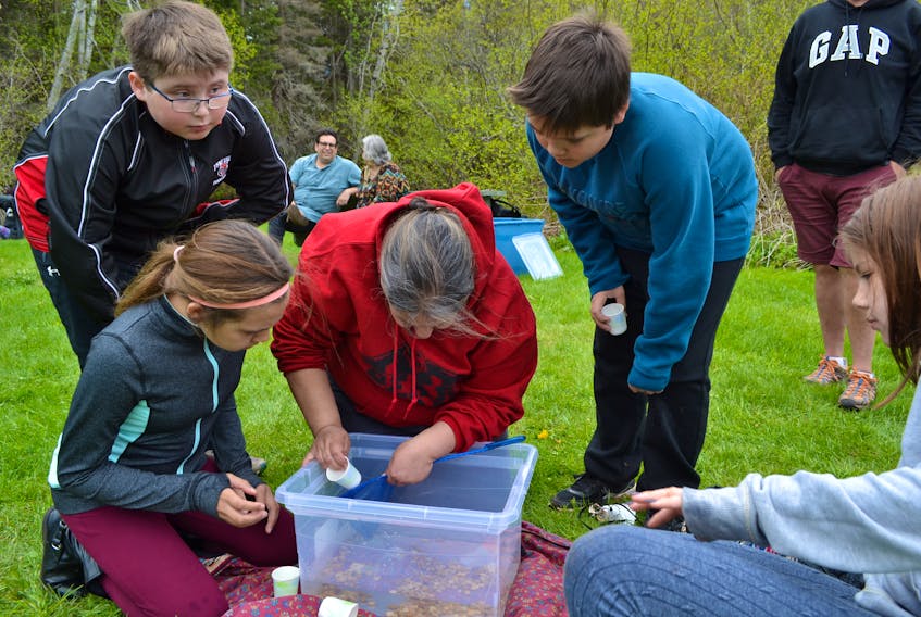 Students from John J Sark Memorial School on Lennox Island, from left, Shyla Mitchell, Dylan Bernard, Zach Annand and Tyra Joseph wait their turn as their principal, Barbara Smith scoops up trout fingerlings for them to transfer to Carruthers Brook.