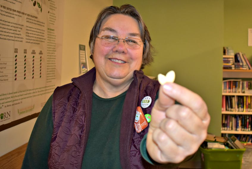 Tina Davis, the Seedy Sunday event organizer, holds a pumpkin seed that was part of the Sunday afternoon festivities.