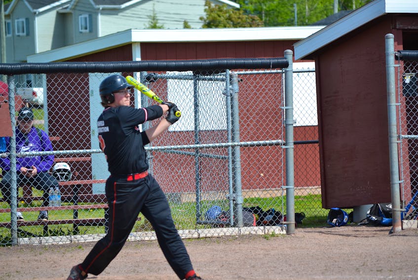 Dawson Sellick batting for the O’Leary Eagles in a recent men’s tournament in O’Leary. Sellick left Monday to join Junior Team Canada for the world softball championship tournament in Prince Albert.