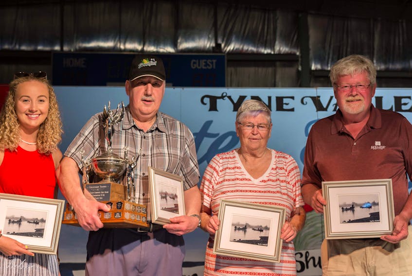 Displaying the awards they received during the Tyne Valley Oyster Festival’s community awards program are, from left, Ashton Grigg, Youth of the Year; Don Barlow, Citizen of the Year; Janette Dawson, Women’s Institute Member of the Year and Steven Ellis, Volunteer of the Year.