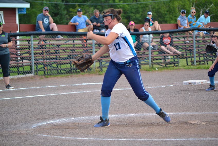 Racheal McGee kept the Kennebecasis Valley Dynamite off the scoreboard through three innings pitched en route to the Southern Black Bears’ 7-0 victory in the championship final of the U12 Eastern Canadian girls softball championship tournament Sunday afternoon in O’Leary.