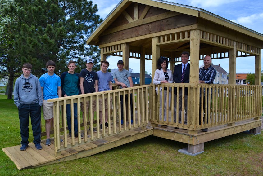 Westisle carpentry students, from left, John Dorgan, Jack Gallant, Cole Gallant, Morgan MacLeod Ben Cooke and Ben Arsenault are proud of the gazebo they helped build for Western Hospital. Also checking out the construction are Paulette Arsenault, Tignish Co-op and John Chisholm, Tignish Credit Union, whose organizations donated the material for the project, and Trevor LeClair, Westisle’s carpentry instructor.
