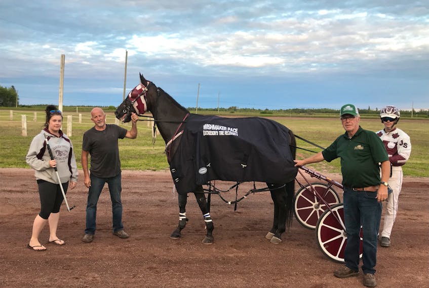 Jaycob Sweet drove Rising Fella to the win in the featured Wishmaker Pace on the West Prince Horsemen Club’s recent matinee card. The card was held in support of the Children’s Wish Foundation.