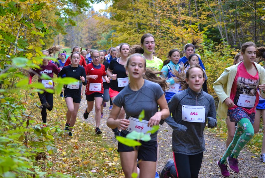 The trail gets crowded early in the Bantam Girls race.