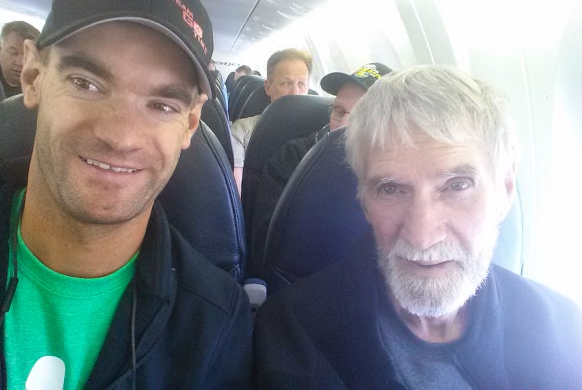 Jimmy Lefebvre on a flight with his father, Simon, about a month before Simon’s passing in 2016. Jimmy Lefebvre and members of his family are nearing an end of a cross-Canada walk from Grande Prairie, Alberta, to Simon’s resting place in Palmer Road, P.E.I. In their Can-Survive walk, they are raising money in Simon’s memory for cancer research and to support cancer patients and their families. They hope to arrive in Palmer Road on Aug. 31, Simon’s birthday.