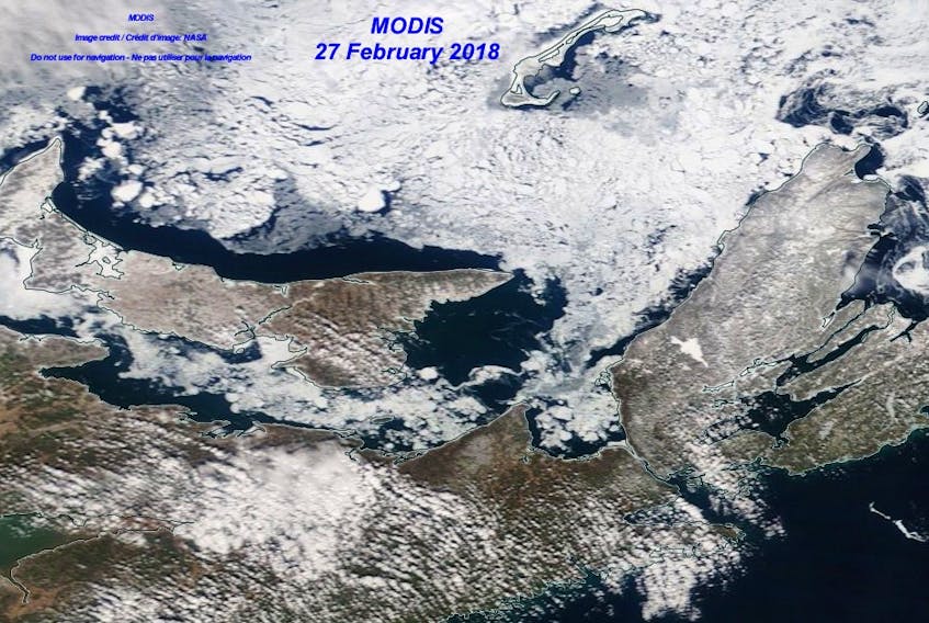 A satellite image showing ice conditions in the Gulf of St Lawrence on Feb. 27. Although there are currently clear patches around the coast of Prince Edward Island, a wind shift is expected to push the pack in against the North Shore in the coming days.