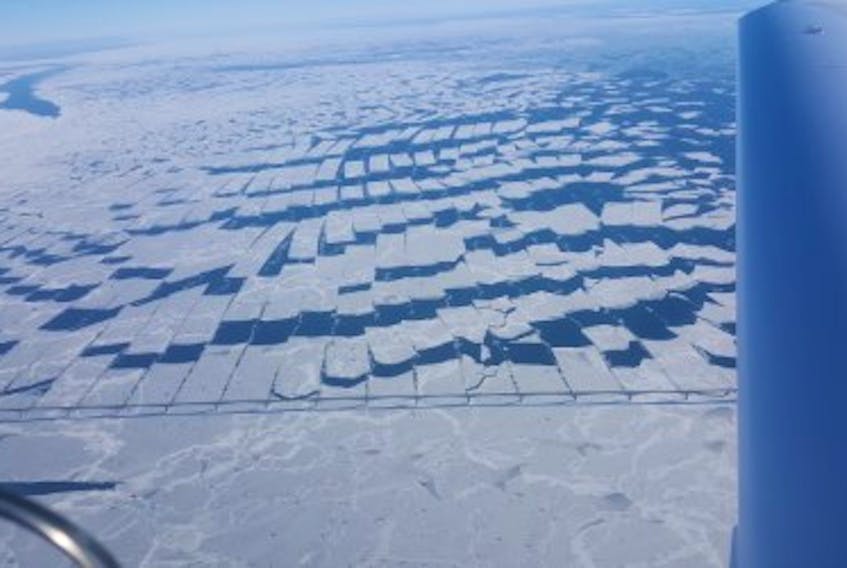 A photo from 7,500 feet above the Confederation Bridge shows the bridge piers shredding ice, and the wind and tide action then breaking the strips into big rectangles.- Photo by Paul Tymstra, Sea Eagle Aviation