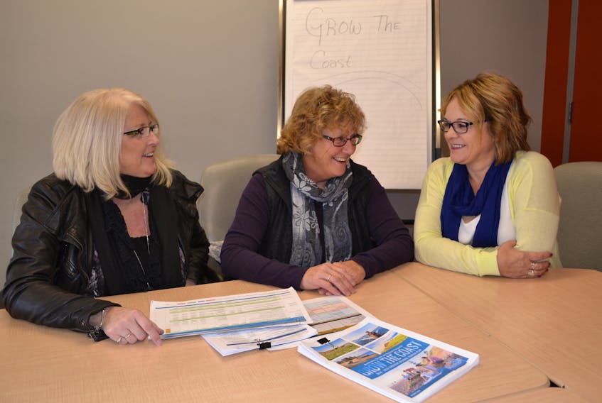 Anne Arsenault, from left, and Jeannita Bernard, review with Kelly Ashley, executive director of the North Cape Coastal Tourism Area Partnership, the tourism region’s recently completed strategic plan, Grow the Coast. Arsenault and Bernard will facilitate an information and capacity-building session on Nov. 27.