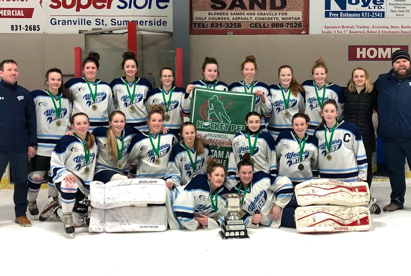 P.E.I. Bantam AAA Female Hockey champions
The Tyne Valley-based Western Wind, made up of players from Summerside to Tignish, have won the right to compete in the Atlanti Bantam AAA Female Hockey championship in Clarenville, NL as P.E.I. champions. Team members are, back row from left, Kyle Fraser (coach), Molly McInnis, Erin Rennie, Olivia Callaghan, Shaundra Gaudet, Gracie Gaudet, Hilary Shea, Beccah Fraser, Katie Acorn, Hayden Pridham (Assistant Coach), Will O’Brien (Assistant coach); middle row, Avery Noye, Chloe Gallant, Bailey Jones, Ella Hudson, Kristyn Taylor, Ella Collins, Lauren Clark, front row, Maddie Shea, Cyriah Richard.
