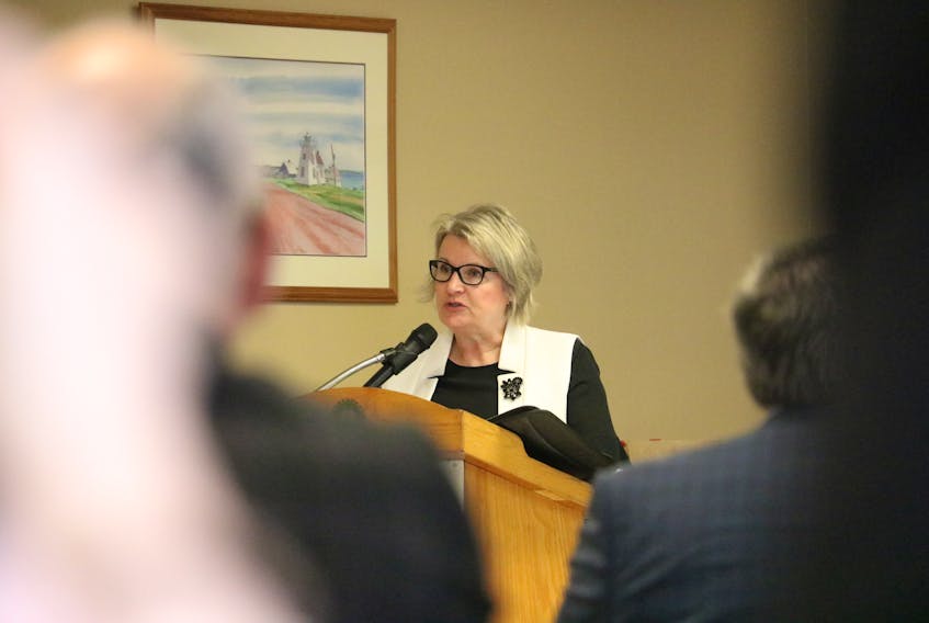 Finance Minister Darlene Compton presents a post-provincial budget summary to members of the Greater Summerside Chamber of Commerce on Wednesday morning.