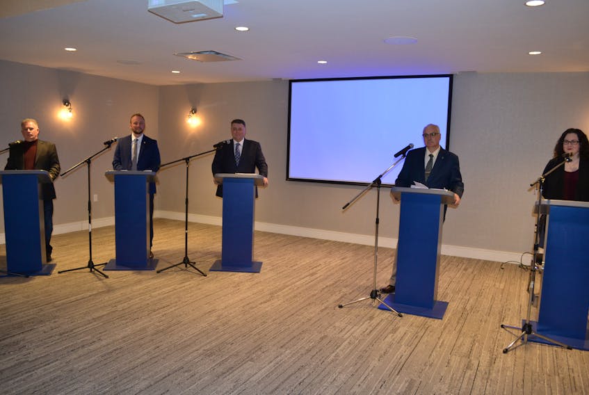 Leadership candidates for the Progressive Conservative Party of P.E.I., from left, Kevin Arsenault, Shawn Driscoll, Dennis King, Allan Dale and Sarah Stewart-Clark spent more than two hours Tuesday answering questions put to them on issues facing West Prince.