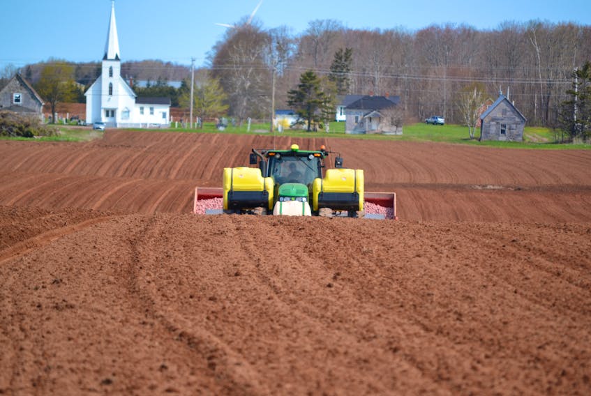 A tractor and planter scale a hill in a potato field in Springfield West on Tuesday. Jonathan MacLennan is in the very early stages of his farm’s planting 2019 season.