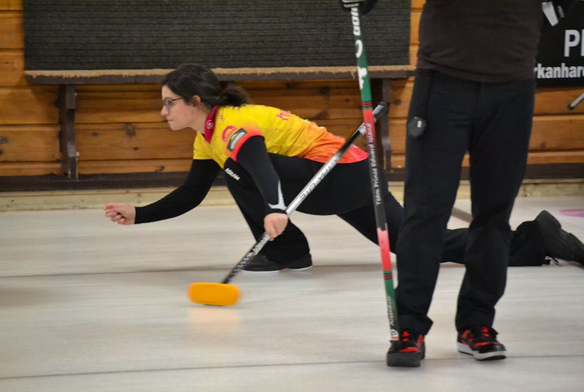 Michelle McQuaid, lead on the Suzanne Birt Charlottetown rink. Birt defeated Lisa Jackson from Crapaud Thursday night to even her record at 1-1 in the P.E.I. Scotties modified triple knock-out championship.