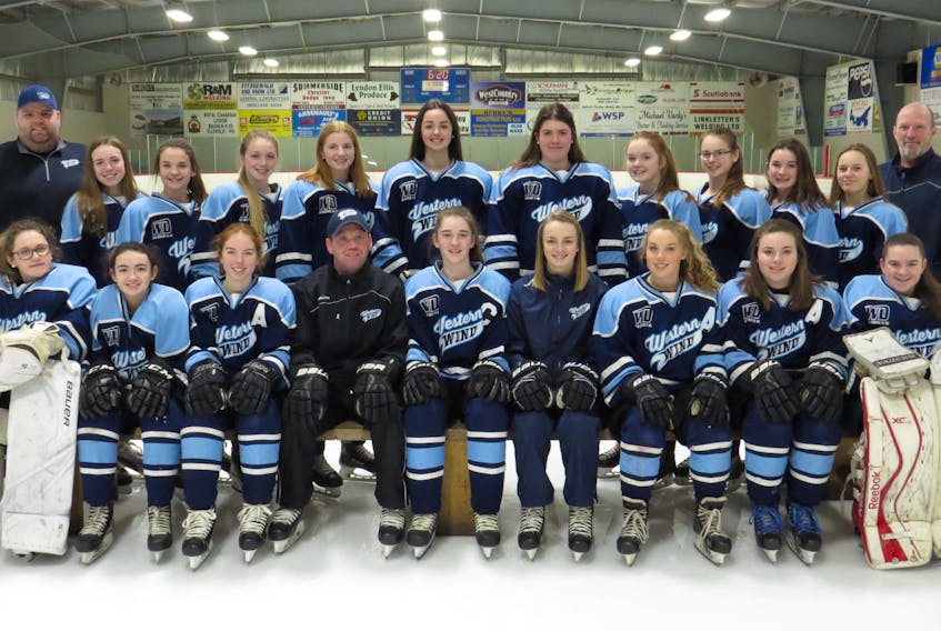 The Western Wind leaves Wednesday for Newfoundland to play in the Atlantic bantam girls’ hockey championship being held April 4-7 in Clarenville. Members of Team P.E.I. are, front row, from left, Madison Shea, Kristyn Taylor, Hilary Shea, Kyle Fraser (coach), Lauren Clark, Hayden Pridham (assistant coach), Bailey Jones, Gracie Gaudet and Cyriah Richard. Back row, Will O’Brien (assistant coach), Avery Noye, Molly McInnis, Chloe Gallant, Katie Acorn, Olivia Callaghan, Erin Rennie, Beccah Fraser, Shaundra Gaudet, Ella Collins, Ella Hudson and Todd Clark (manager).