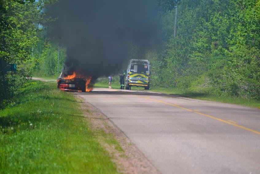 A Ford Mustang was destroyed in a noontime fire on the O’Halloran Road in Campbellton on Tuesday. Police, fire and Island EMS personnel responded to the 9-1-1 call made by a passerby shortly after 12 noon. There were no injuries. The road reopened to traffic about an hour later, once the fire was extinguished and West Isle Towing removed the vehicle from the scene.