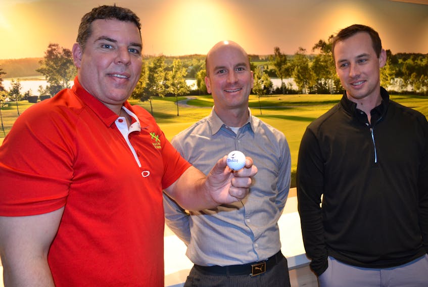 Adam Binkley, from left, executive director of the Boys and Girls Club of Summerside, discusses plans for the club’s 2019 Novus Celebrity Golf Tournament with Dallas Desjardins, incoming director of golf at Mill River Resort and the resort-s director of marketing and special events, Geoffrey Irving. The popular tournament is moving to Mill River this year, scheduled for July 14 to 16.