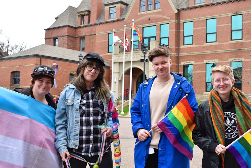 Rory Starkman of the P.E.I. Transgender Network, left, Kandace Hagen, Andy Glydon of Pride P.E.I.  and Kels Smith were in Summerside for the flag raising in honour of the International day against homophobia, transphobia and biphobia and the 50th anniversary of the partial de-criminalization of homosexuality.