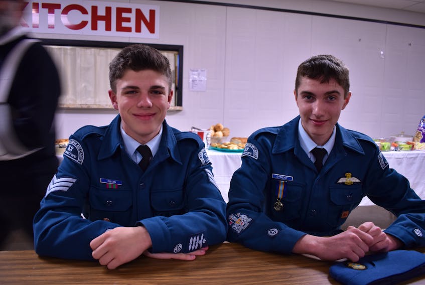 Sgt. Connor Costain, left, and Warrant Officer First Class Ben Dyment at the 53 C.E. Monty DFC Squadron Summerside awards banquet on May 21.