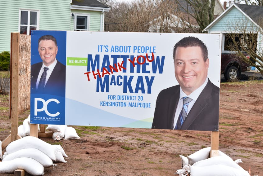 Matthew MacKay’s campaign signs display a “THANK YOU” on Wednesday, affixed by MacKay himself, say the neighbours