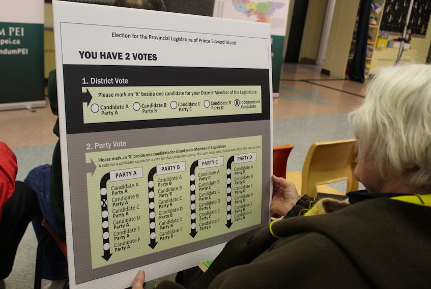 Shelagh Young holds a mock MMP ballot at the first information session at Ellerslie Elementary School Jan. 17.
