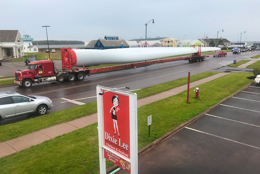Photo submitted by Major Stewart
A wind turbine was recently offloaded at the Summerside port and transported through the city. The blade is one of three arriving on the Island which will be spares if needed for repairs.