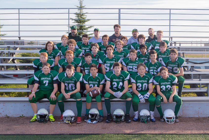 The Summerside Waterwise Spartans will face the Cornwall Timberwolves in the Ed Hilton Bowl at Eric Johnston Field in Summerside on Saturday. The Papa John’s P.E.I. Bantam Tackle Football League championship game will begin at noon. Members of the Spartans are, front row, from left: Riley Molyneaux, Aaron Carr, Zachary Blood, Shawn Aiken, Luke Quinlan and Brayden Pike. Second row: Drew Drummond, Kieran Arsenault, Anderson MacDougall, Breton Brown , Charlie McBean, Bradley McCourt and Connor Murphy. Third row: Jayden Ryder-Clements, Paul Wamboldt, Ryan Lawless, Logan Rogers, Arman Singh and Ben Murphy. Fourth row: Parker Fisher, Shawn Matheson, Ethan Haakman, Daniel Tamtom, Nathan Enman and Aiden Little. Back row: Brian Goguen (offensive coach), Logan Plant (head coach), Alex Rose (defensive coach), Ken Blood (special teams coach) and Paul Quinlan (defensive coach). Missing from photo are Michael Friesen, Cameron Milligan and Kale Wood.