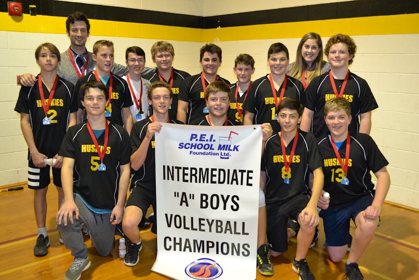 The Hernewood Huskies won the P.E.I. School Athletic Association Boys Intermediate A Volleyball League championship on Thursday night. The Huskies defeated Vernon River 3-1 in the championship match at the Hernewood gymnasium. Members of the Huskies are, front row, from left: Hardy, Joseph Ellsworth, Matthew Dawson, Dylan Bridges and Levi Stewart. Second row: Kavon Barnard, Bradley Hardy, Chandler MacIsaac, Ryan Smith, Noah Stanfield, Brandon MacDougall, Benjamin MacIsaac and Brandon Gard. Back row: Mike and Jenna Isaac (coaches).