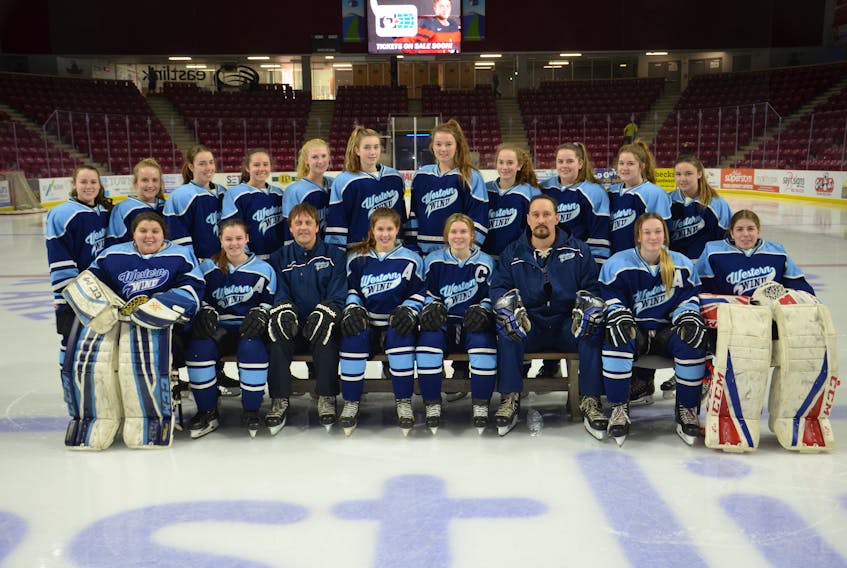 The Western Wind begin play at the Atlantic midget AAA female hockey championship in Bathurst, N.B., on Thursday. Team members are, front row, from left: Danielle Gallant, Hilarie Gaudet, Stephen Gaudet (assistant coach), Paige Deighan, Gracyn Handrahan, Paul Campbell (head coach), Kiera MacKendrick and Talynn Banks. Back row: Macy Hackett, Katie Snow, Tianna Gallant, Gracy Hackett, Meredith Rogers, Kyrsten Coyle, Kylie Campbell, Emma Dyer, Brianna McCardle, Cailin Gaudet and  Josee Gallant. Missing from photo are assistant coaches Jeff Hackett and Ashton Grigg.