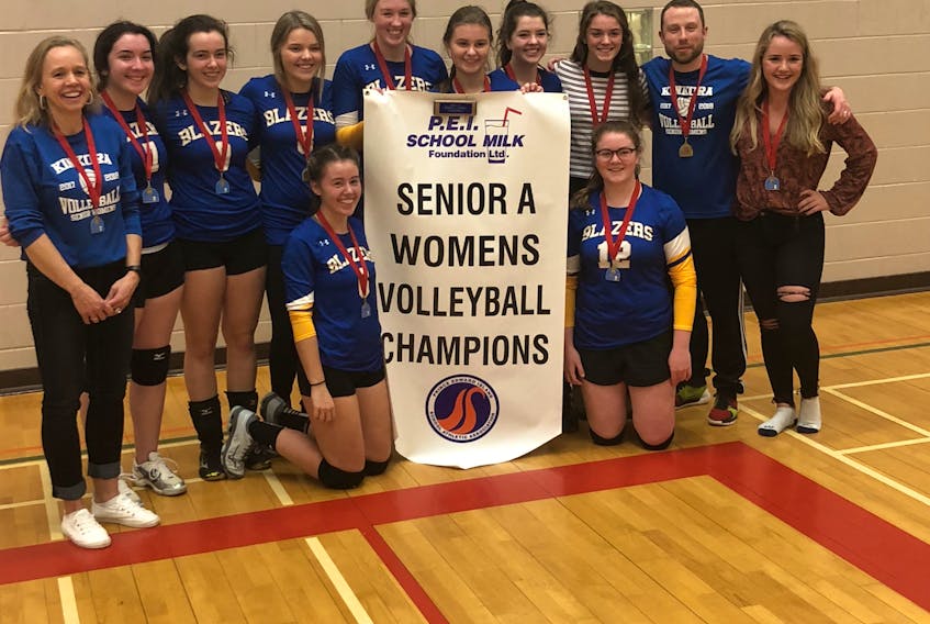 The Kinkora Blazers won the 2018 P.E.I. School Athletic Association Senior A Girls Volleyball League championship at Charlottetown Rural High School on Saturday. Team members are, front row, from left: Brooke McCardle and Jessica Larsen. Back row: Lisa McCardle (assistant coach), Jara Nantes, Shaelynn McCardle, Rachel Paynter, Rebecca Green, Maddy Moffatt, Faith Reeves, Charlotte Linkletter, Evan Killorn (head coach) and Maura Duffy. Missing from photo are Elizabeth Phillips and Shelby Raynes.