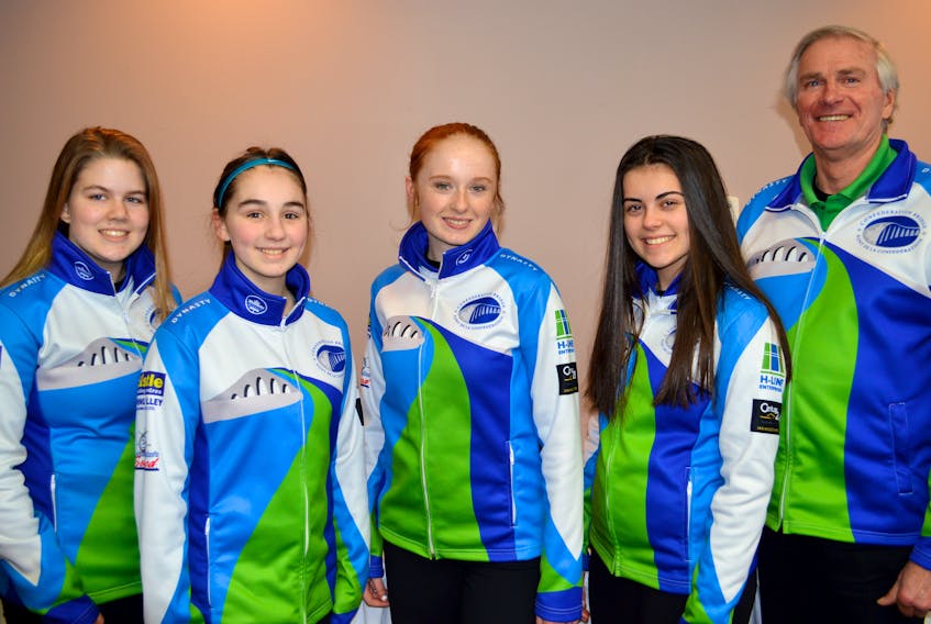 The Lauren Ferguson-skipped rink from Cornwall, Crapaud and Charlottetown has earned one of two girls’ training team positions for the 2019 Canada Winter Games. Team members are, from left: Ferguson, third stone Katie Shaw, second stone Alexis Burris, lead Lexie Murray and coach David Murphy.