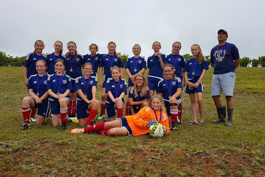 The Summerside United won the Under-13 Division of the Central Queens soccer tournament on Sunday. Team members include keeper Sydney Cormier, in front, and kneeling, from left: Rhiannon Carpenter, Elizabeth Smith, Katie-Grace Noye, Lauren Mintie, Taia Gallant and Dru Gillis. Back row: Avery Kerwin, Mya Goeseels, Sydney Cameron, Kennah Brant, Chloe Campbell, Aurora MacAusland, Allie Simpson, Jaelynn Oatway, Alexandra MacCaull and Jeff Brant (coach).