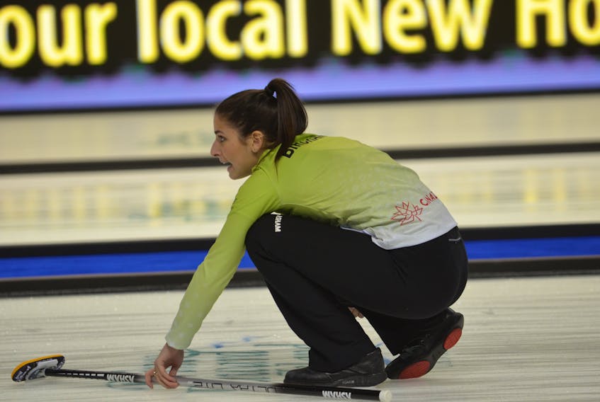 Skip Shannon Birchard calls a shot during Monday’s opening draw in the 2017 Home Hardware Road to the Roar Pre-Trials curling event at Eastlink Arena. Birchard pulled out a 6-5 win over Julie Tippin. Jason Simmonds/Journal Pioneer