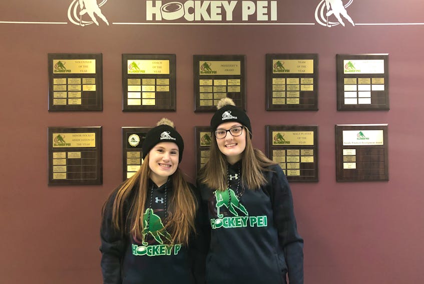 Charlotte Murray, left, and Alexa McAllister will represent Hockey P.E.I. at an international event for female players from across the country in Calgary on Feb. 15th and 16th. Hockey P.E.I. Photo