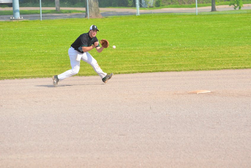 Ben MacDougall awaits the ball while playing shortstop during an exhibition game with the P.E.I. Youth Selects against Nova Scotia at Queen Elizabeth Park’s Legends Field in Summerside in July.