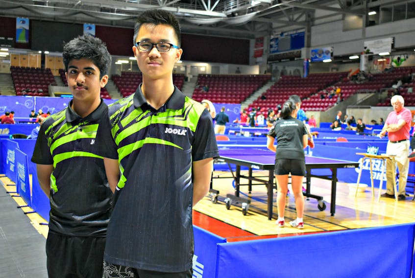 Zaeen Arif, from left, and Daniel Zhao are two of the five P.E.I. athletes that participated in Sunday’s action in the Canadian junior table tennis championships at Credit Union Place in Summerside.