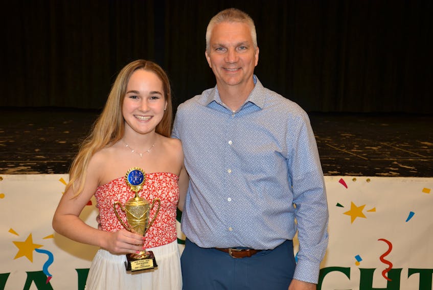 Kensington Intermediate-Senior High School principal and senior A girls’ soccer coach Donald Mulligan presents Abby Christopher with the 2018-19 John Bowness Achievement Award. The presentation took place during the school’s recent senior awards night.