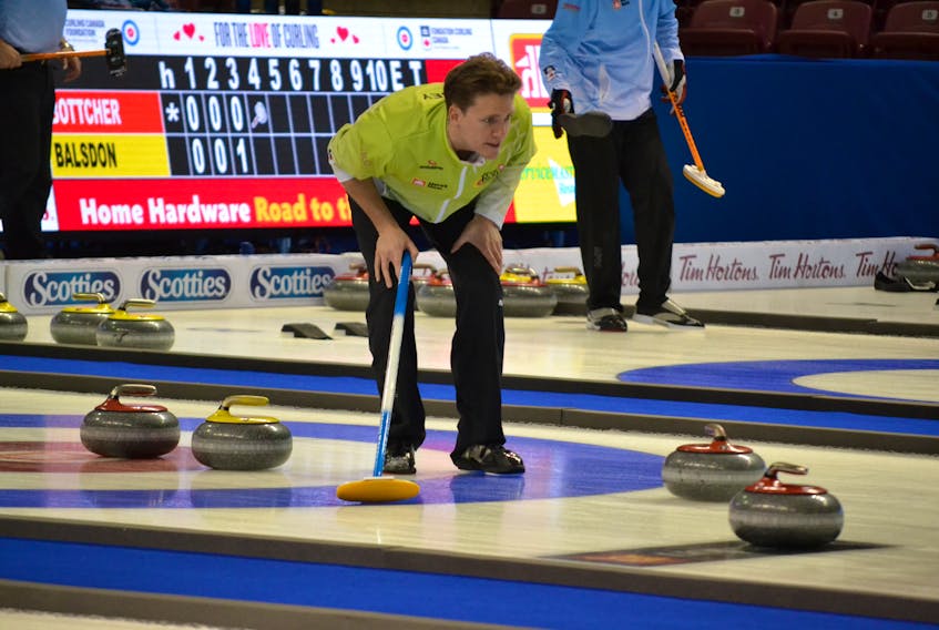 Adam Casey intently follows a shot during Thursday’s game against John Morris at the 2017 Home Hardware Road to the Roar Pre-Trials curling event in Summerside. Casey pulled out a 9-8 win.