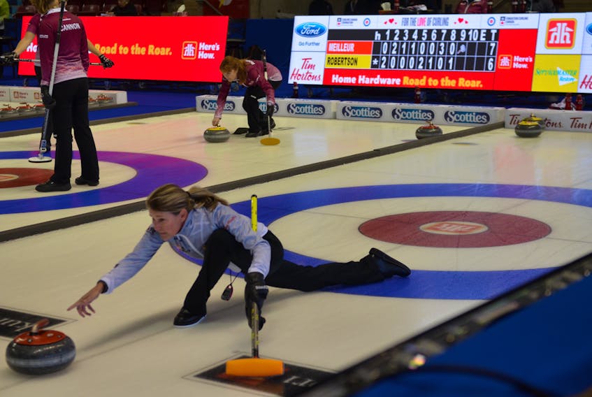 Sherry Middaugh makes a shot during Thursday afternoon’s game against Krista McCarville at the 2017 Home Hardware Road to the Roar Pre-Trials curling event.