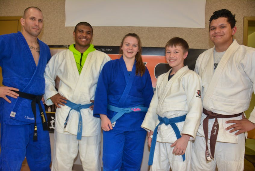 Summerside’s Toshidokan Judo Club (TJC) is sending three members to the Elite 8 – national championships in Montreal this weekend. From left: Chris Townsend, head sensei at TJC, George Madumba, Ellen Gillis, Mikey Perry and Sebastian Nash. Perry is a member of Charlottetown’s Rikidokan Judo and Martial Arts, who also occasionally trains in Summerside. He is also on Team P.E.I. for Elite 8.