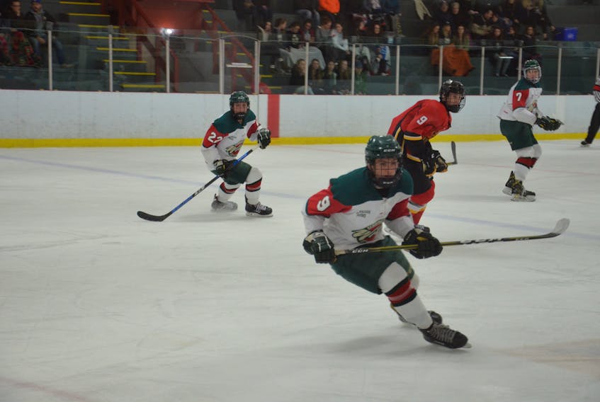 The Summerside Western Capitals selected Kensington Wild forward Marc Richard, white jersey, 9, was their first-round pick in Saturday’s MHL (Maritime Junior Hockey League) Draft in Berwick, N.S. Also following the play during the New Brunswick/P.E.I. Major Midget Hockey League game in Kensington last season are Wild forward Dixon MacLeod, 22, who was drafted in the seventh round by the Yarmouth Mariners; the Saint John Vitos’ Connor Richard, red jersey, and Kensington defenceman and captain Clark Webster, a territorial selection of the Caps in 2016.