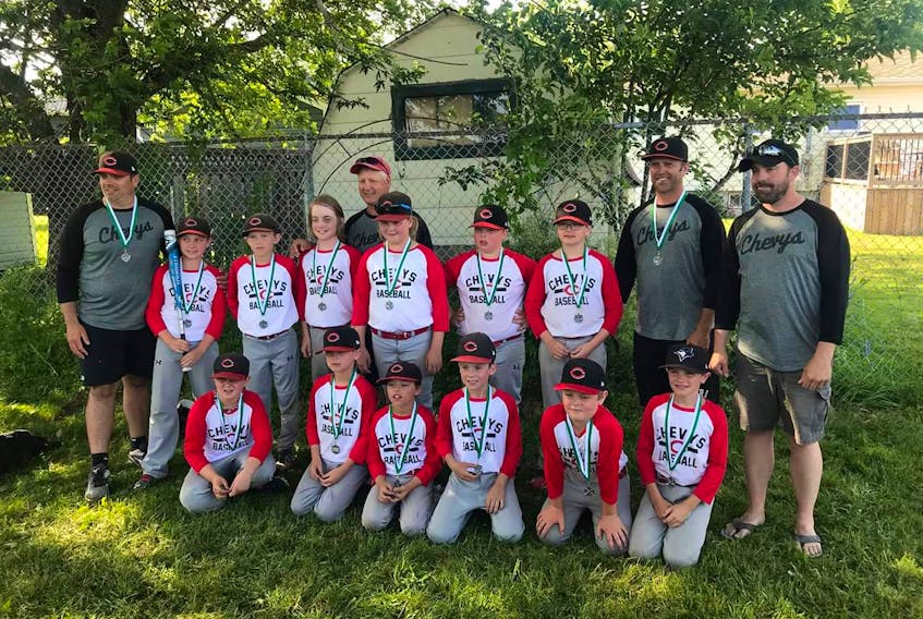 The Summerside Chevys’ mosquito AA team won the silver medal at the Bob Donahoe Memorial baseball tournament in Riverview, N.B., over the weekend. Members of the Chevys are, front row, from left: Landon Laughlin, Cole Dowling, Max DesRoche, Holden Rush, Brett Stewart and Seamus Ramsay. Back row: Adam Connolly (head coach), Harrison Ramsay, Kalen Bernard, Ethan Cooper-Marotta, Peter Bernard (assistant coach), Karli Snow, Cohen Woods, Ben Connolly, Dwayne Snow (assistant coach) and Mike DesRoche (assistant coach).