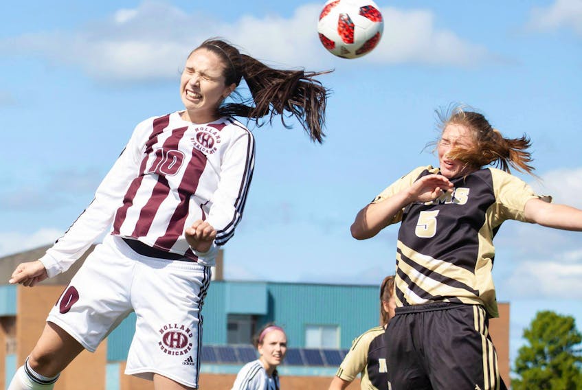 The Holland Hurricanes’ Ali Fahie, left, and KeeRyung Kwun of the Dal AC Rams look to head the ball during an Atlantic Collegiate Athletic Association (ACAA) women’s soccer game at the Terry Fox Sports Complex in Cornwall on Saturday afternoon. The Hurricanes won the game 10-0.