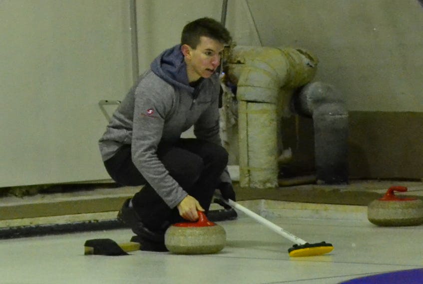 Alex MacFadyen in action during the P.E.I. junior curling championships in O’Leary last month.