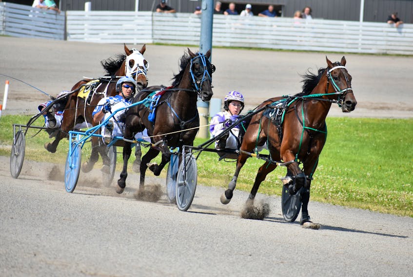 Driver Adam Merner and Euchred, follow the Ambyr Campbell-driven Adkins Hanover during the first of two $5,000 Governor’s Plate eliminations at Red Shores at Summerside Raceway on Sunday. Mr Irresistible, driven by Jason Hughes, is behind Merner and Euchred. Euchred won the race in 1:54, Mr Irresistible finished second and Adkins Hanover just missed advancing to the Governor’s Plate with a fifth-place showing. The top four finishers of each elimination advanced to the $25,000 Governor’s Plate, presented by Township Chevrolet, on Saturday night.