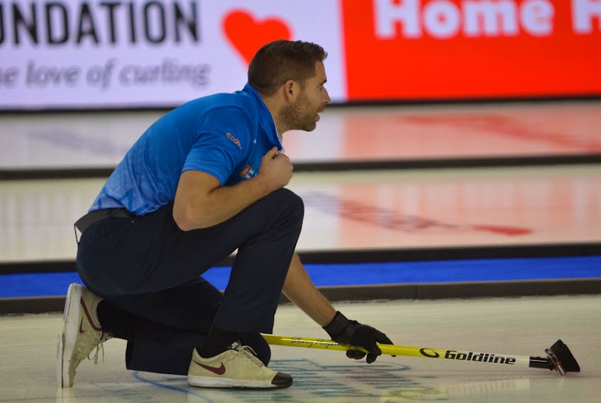 Skip John Morris in action during Sunday morning action at the 2017 Road to the Roar Pre-Trials curling event at Eastlink Arena in Summerside.