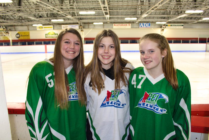 Three players from the Summerside Ringette program will play for the P.E.I. Wave under-16 team in the Atlantic championships at Credit Union Place this weekend. From left: Cassie Gallant, Natalie Caron and Andrea Caron.